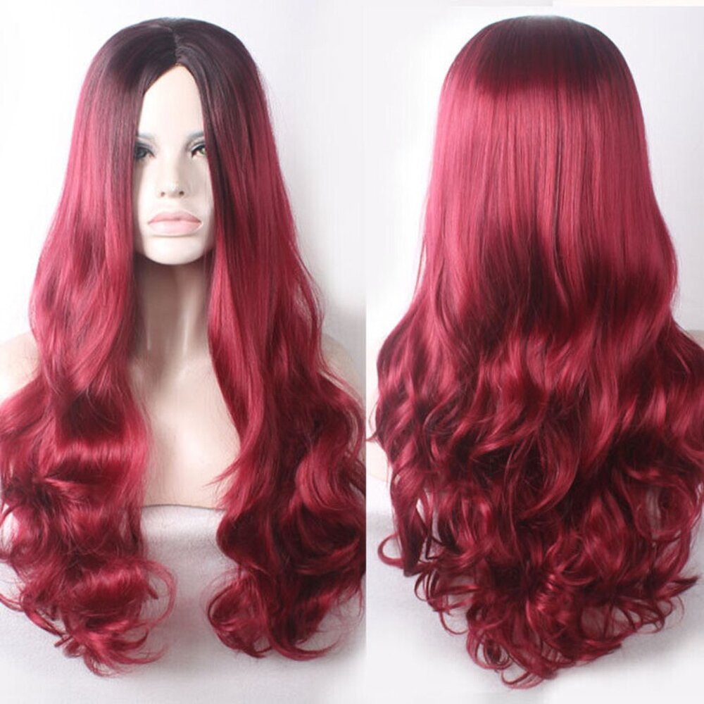 Red 26" Synthetic Hair Full Wigs Natural Long Wavy Wig Heat Resistant